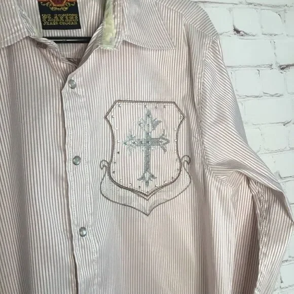 Platini Jeans Cougar Mens Stripe Western Cross Embellished Long Sleeve Shirt L - Picture 12 of 12